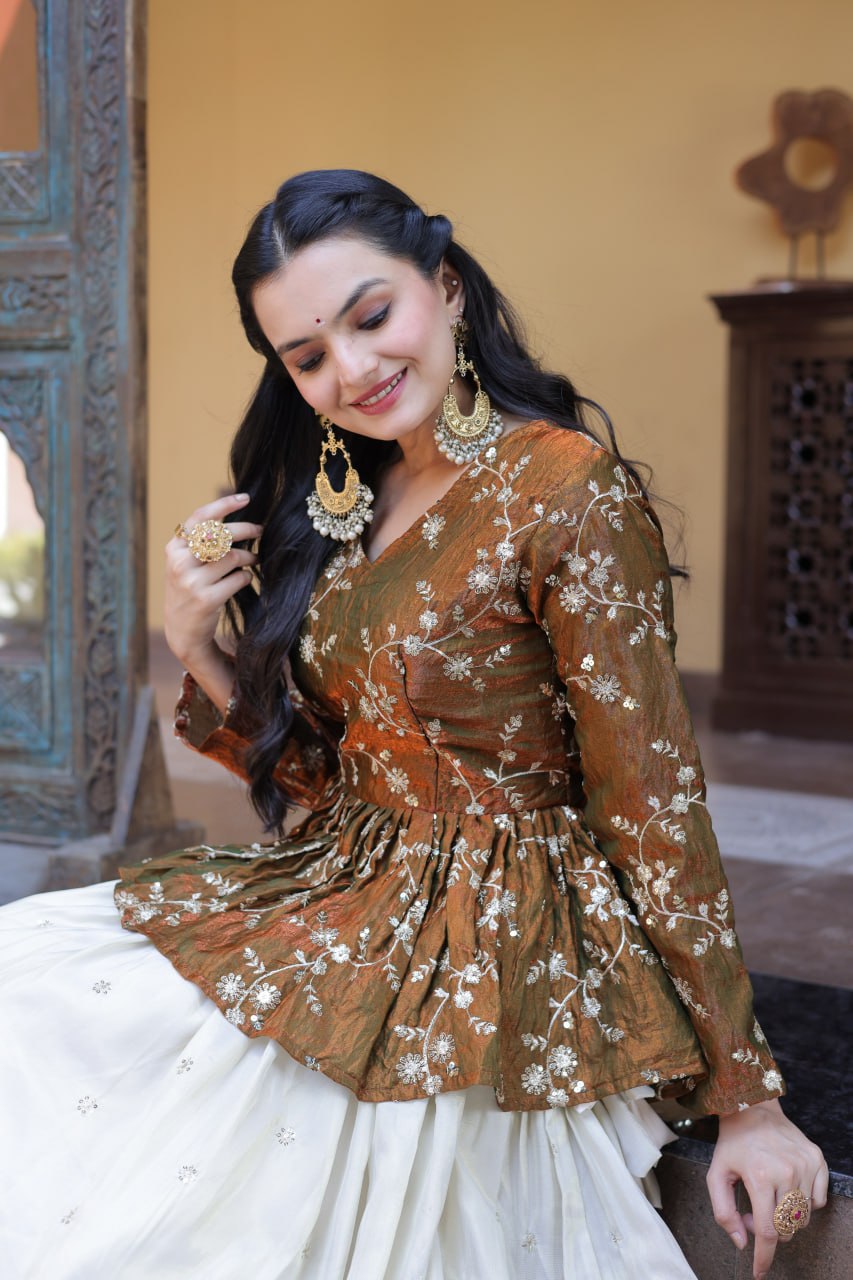 RangBhoomi Elegant Silk Embroidered Crop Top Set with Flared Lehenga and Sequined Detailing