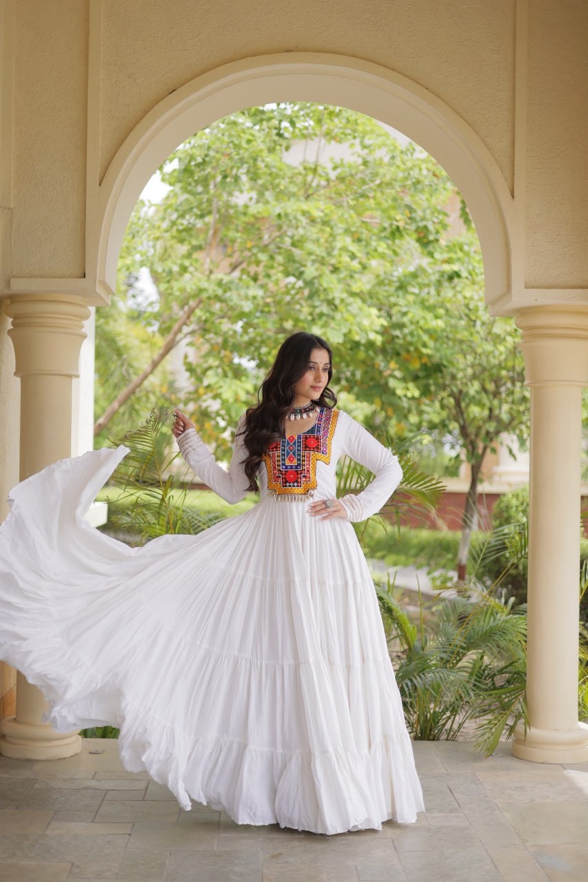 RangBhoomi Navratri Gown Collection 2026 — Wine, Rama & White Embroidered Mirror Work Gown