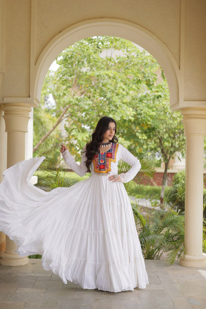 RangBhoomi Navratri Gown Collection 2026 — Wine, Rama & White Embroidered Mirror Work Gown