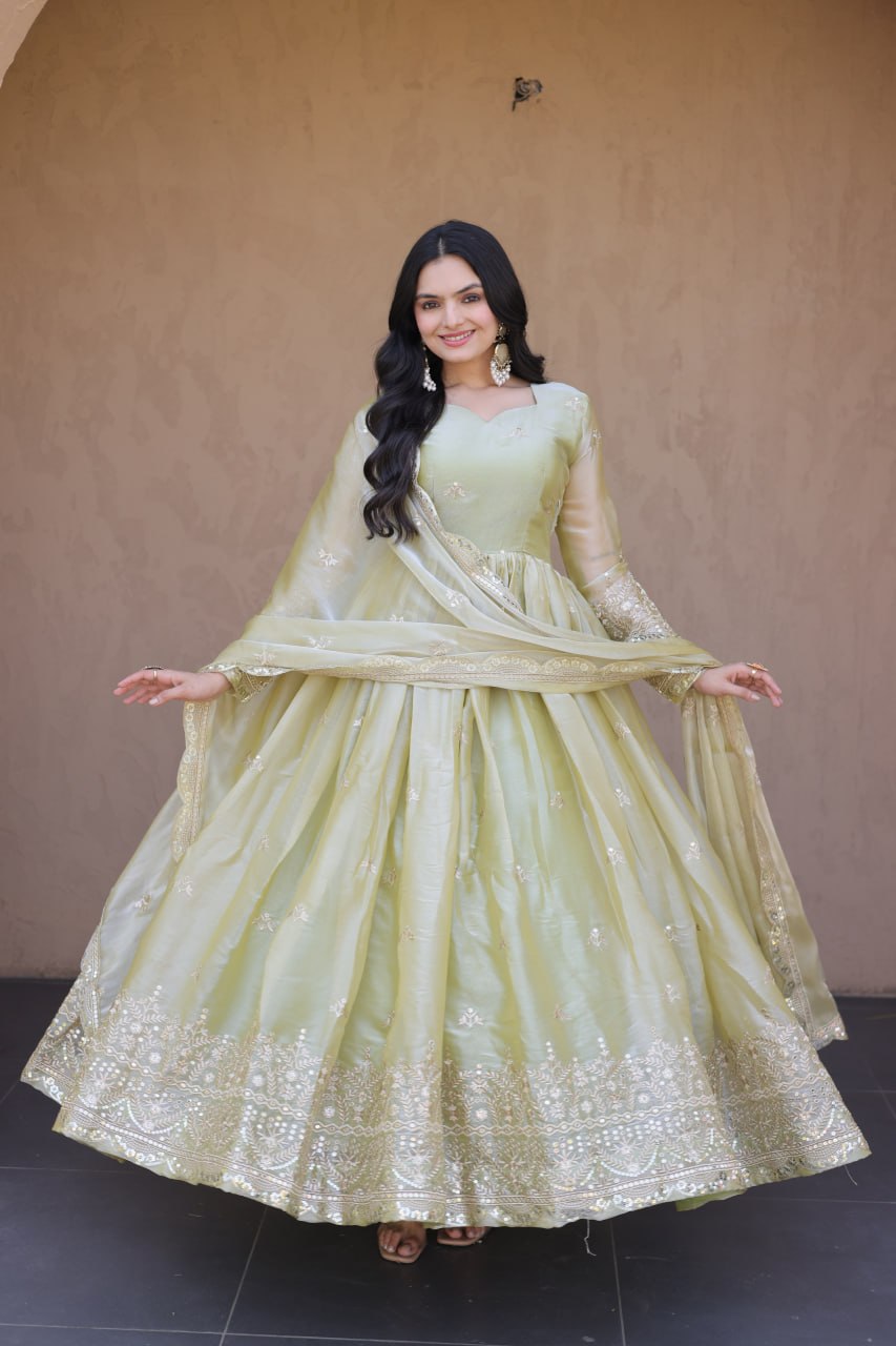 RangBhoomi Fendi Silk Sequined Gown with Dupatta – Elegant Full-Sleeve Designer Set