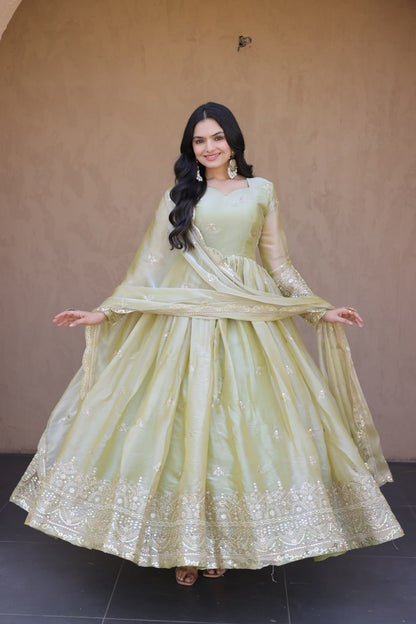 RangBhoomi Fendi Silk Sequined Gown with Dupatta – Elegant Full-Sleeve Designer Set