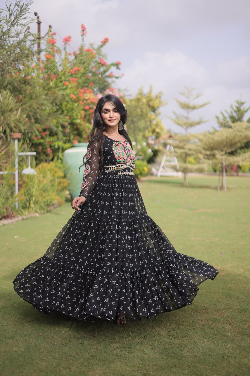RangBhoomi Bandhani & Kutchi Patchwork Faux Georgette Gown — Full Sleeve, 12m Flair, Cotton Lining
