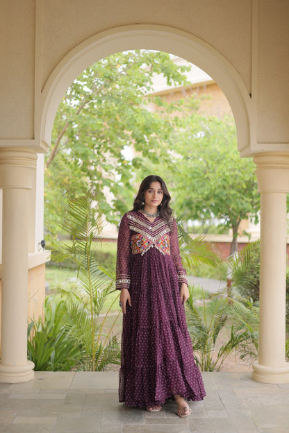RangBhoomi Bandhani & Kutchi Patchwork Faux Georgette Gown — Navratri Special