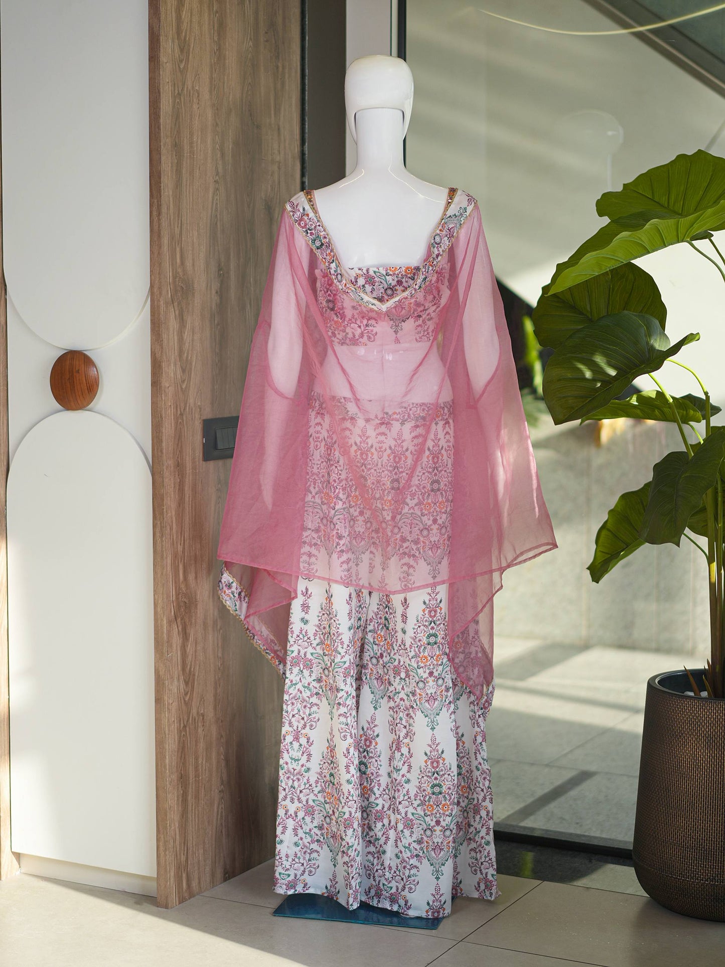 RangBhoomi Designer Indo-Western Luxury Edit — Floral Printed French Crepe Top with Palazzo & Organza Cape