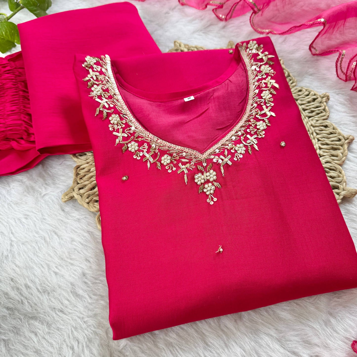 Introducing RangBhoomi Designer Three-Piece Set: Premium Cotton Kurti, Pant, and Organza Silk Dupatta