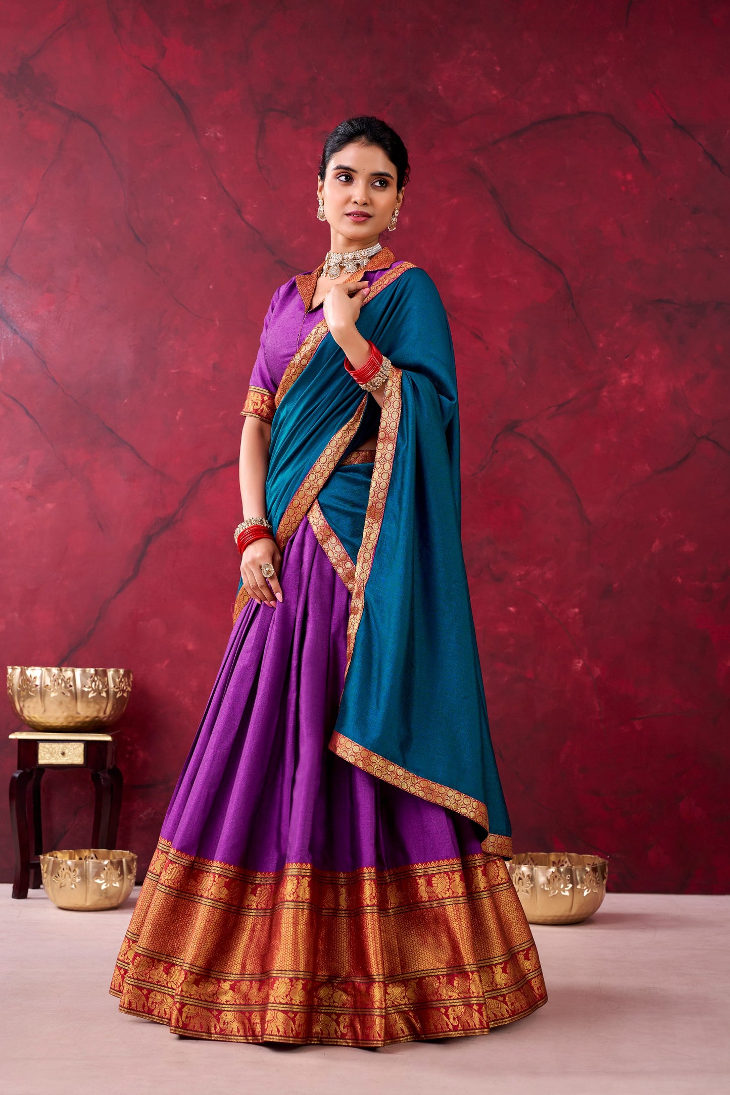Elegant Narayanpet Cotton Lehenga Set with Zari Weaving Work – Includes Stitched Lehenga, Unstitched Blouse, Crepe Dupatta, Tassels, and Drawstring Belt