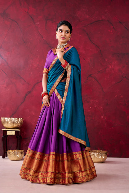 Elegant Narayanpet Cotton Lehenga Set with Zari Weaving Work – Includes Stitched Lehenga, Unstitched Blouse, Crepe Dupatta, Tassels, and Drawstring Belt