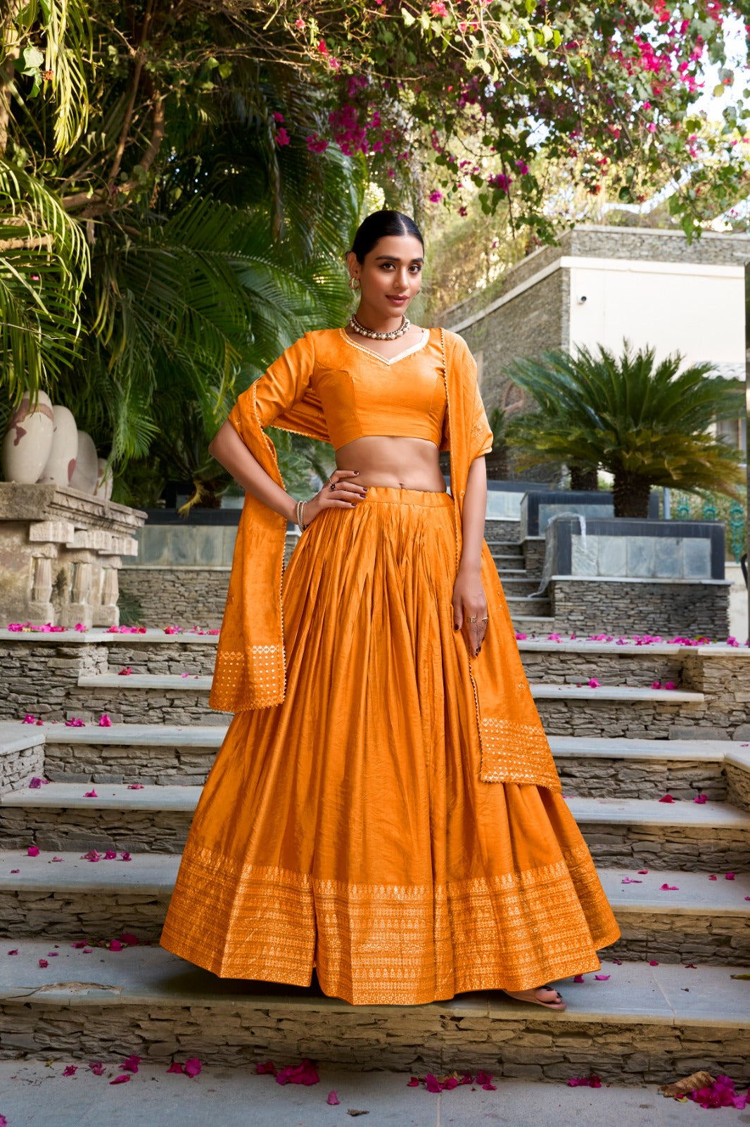 Elegant Pure Chanderi Lehenga Set with Exquisite Zari Work Border and Sequin-Embellished Dupatta