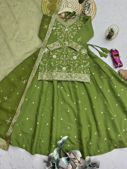 Exclusive Designer Party Wear Collection - Elegant Full-Stitched Shimmer Silk Lehenga Ensemble