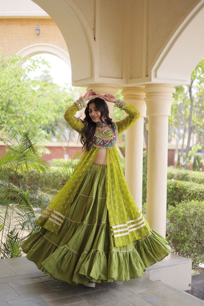 RangBhoomi Navratri 2026 Lehenga & Kurti Set – Kora Cotton Lehenga with Bandhni Faux Georgette Kurti (L, 40" Stitched)
