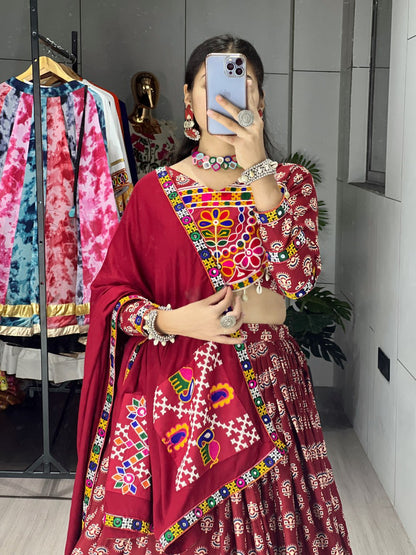 Traditional Ajrakh Print Chaniya Choli Ensemble - Maroon Pure Rayon Cotton Lehenga with Real Mirror Work and Ethnic Motifs