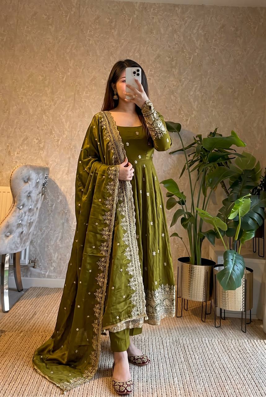 RangBhoomi Designer Embroidered Party Gown with Dupatta & Pant — Heavy Fandy Silk, 17 Colours