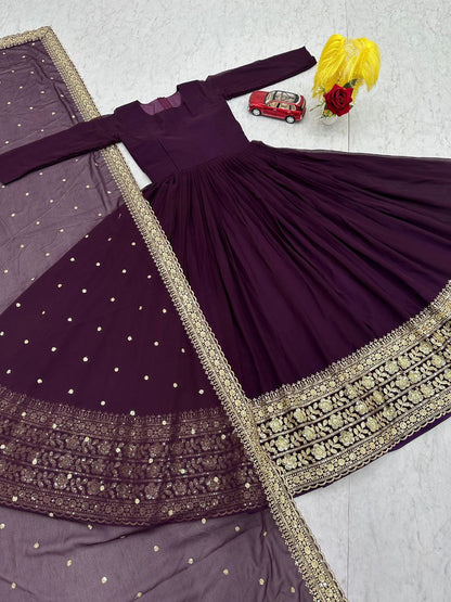 Elegant Embroidered Fox Georgette Gown with Matching Dupatta – Fully Stitched, Sophisticated Design