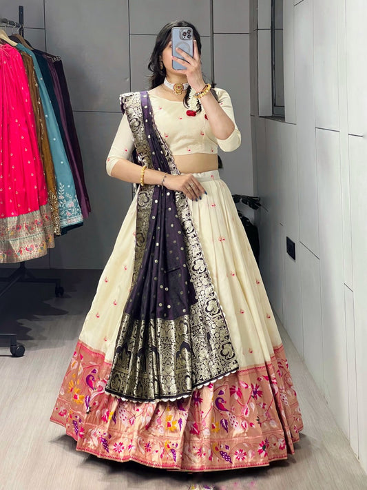 RangBhoomi Paithani Silk Lehenga Choli – Vibrant Traditional Maharashtrian Ethnic Wear with Gold Zari Detailing and Satin Silk Dupatta