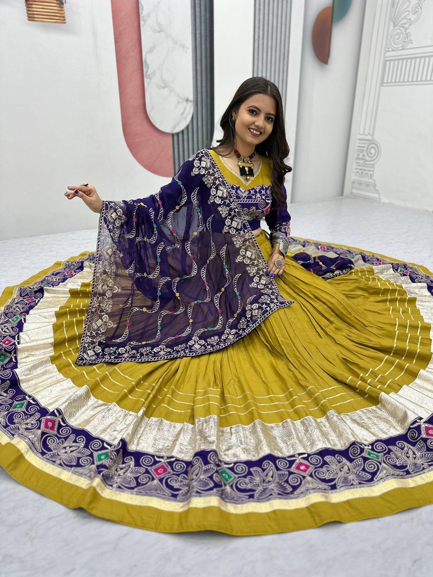 Tapi-252 Pure Cotton Navratri Lehenga Choli - Big Flair 6m, Heavy Embroidery by RangBhoomi