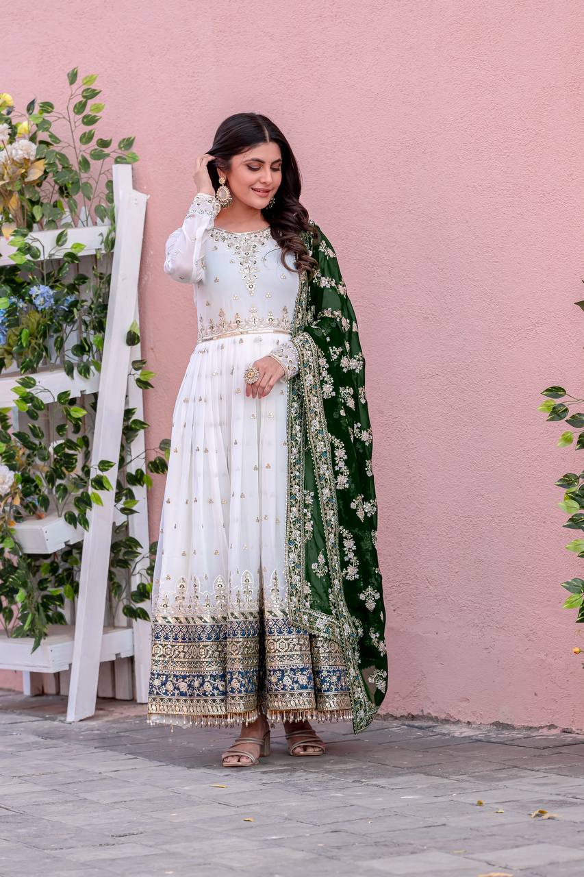 Elegant Party Wear Heavy Faux Georgette Gown with Embroidered Dupatta and Bottom Set