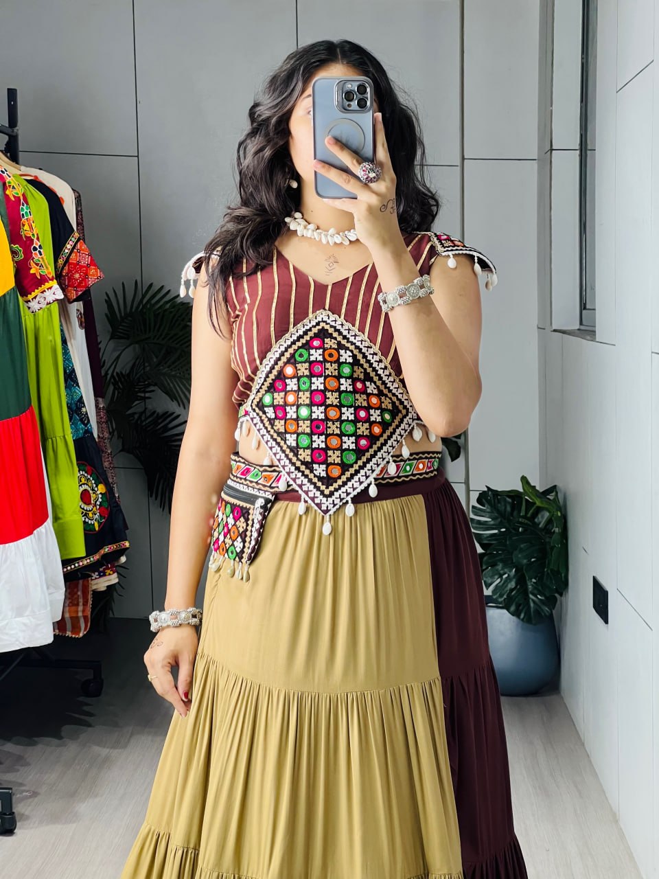 RangBhoomi Classic Chocolate Two-Tone Chaniya Choli — Mirror Work Lehenga Set