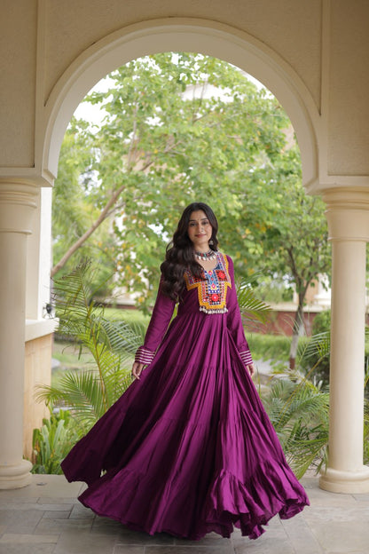 RangBhoomi Navratri Gown Collection 2026 — Wine, Rama & White Embroidered Mirror Work Gown