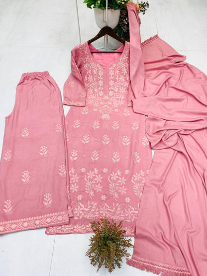 Exclusive and Comfortable Kurta, Palazzo, and Dupatta Set with Elegant Embroidery for Everyday Wear