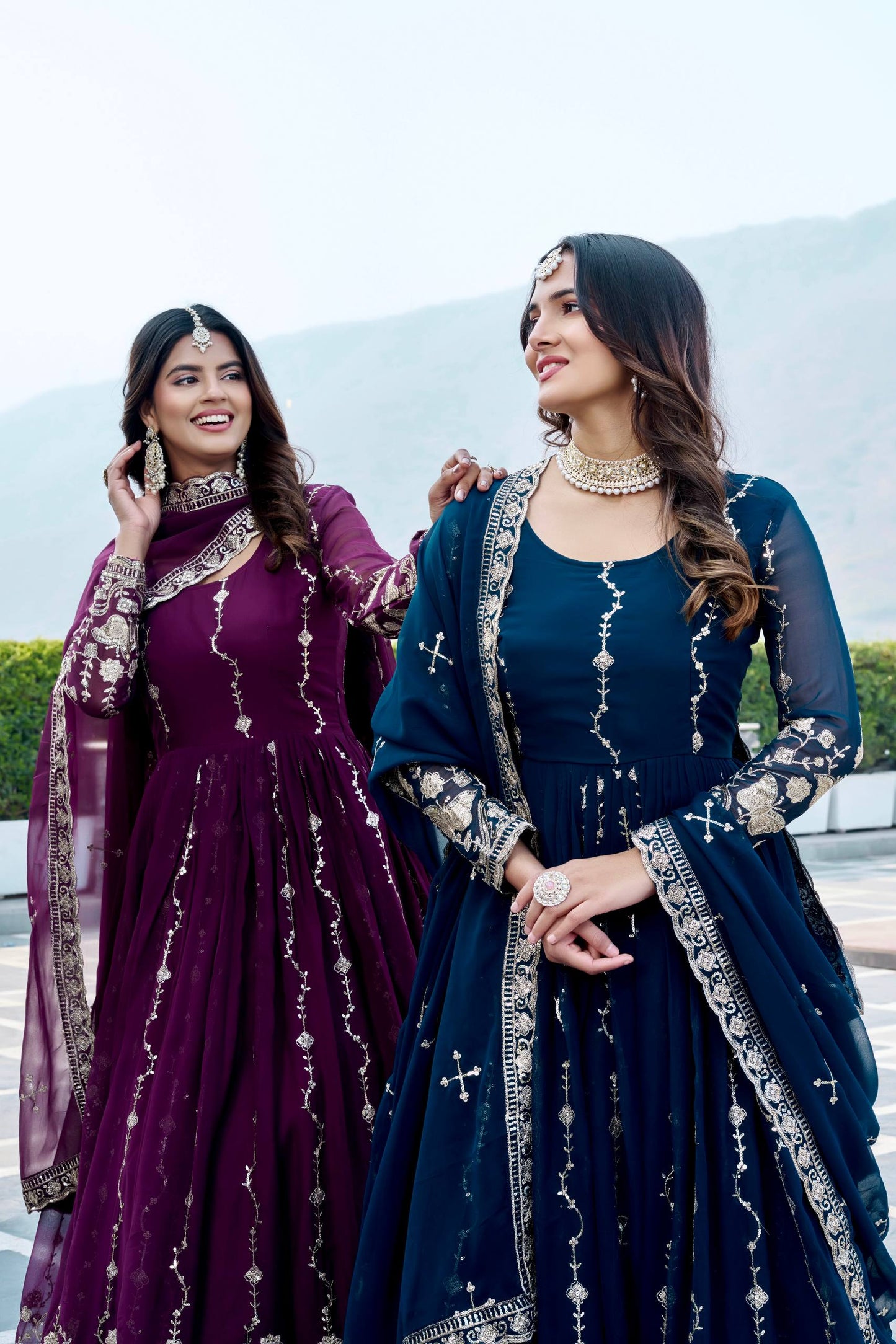 RangBhoomi Festival Long Gown with Matching Dupatta – Elegant Fox Georgette Ensemble with Heavy Sequin Embroidery