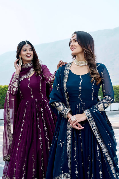 RangBhoomi Festival Long Gown with Matching Dupatta – Elegant Fox Georgette Ensemble with Heavy Sequin Embroidery