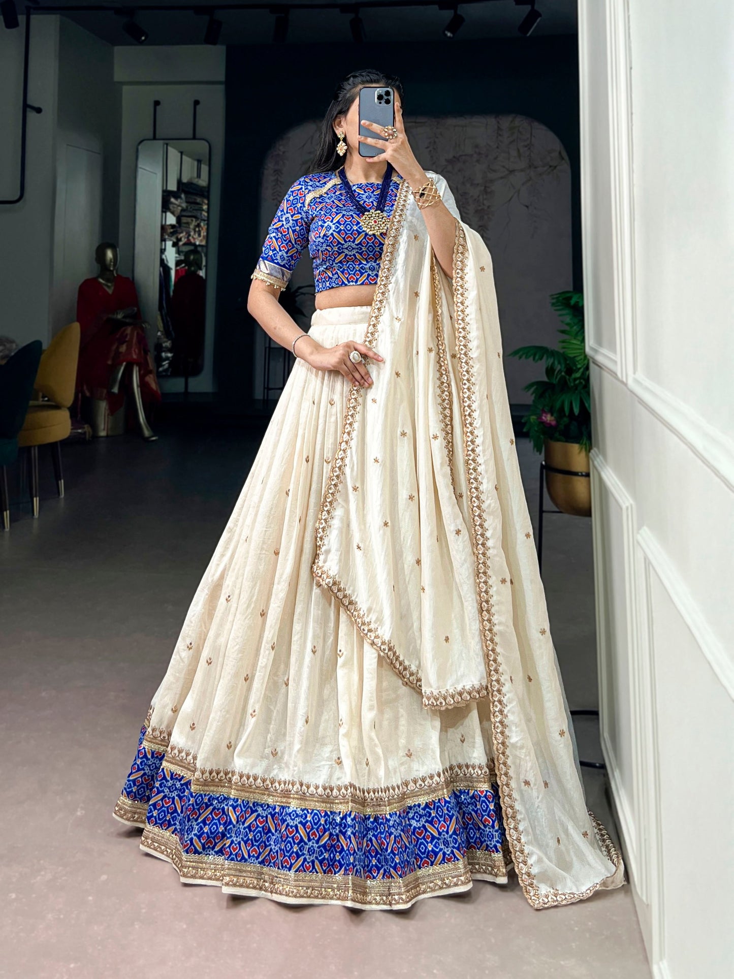 RangBhoomi Elegant Ivory and Royal Blue Lehenga Set with Sequins and Thread Embroidery
