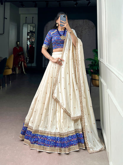 RangBhoomi Elegant Ivory and Royal Blue Lehenga Set with Sequins and Thread Embroidery