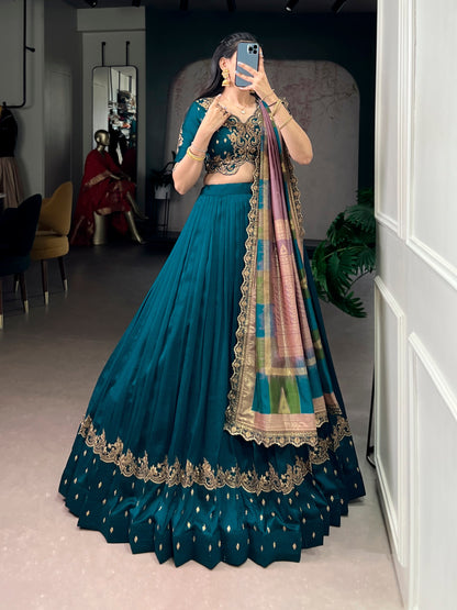 Elegant Vichitra Silk Lehenga Choli for Weddings and Festivals – Thread Embroidery & Sequins Detailing, Stitched Skirt and Unstitched Blouse, Includes Foil-Printed Dupatta with Lace Border