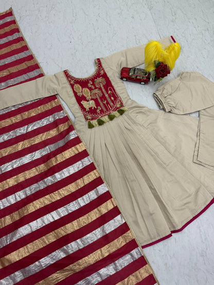 Festival Special Off-White Intricate A-Line Kurti with Flared Pants and Brick Red & Gold Striped Dupatta