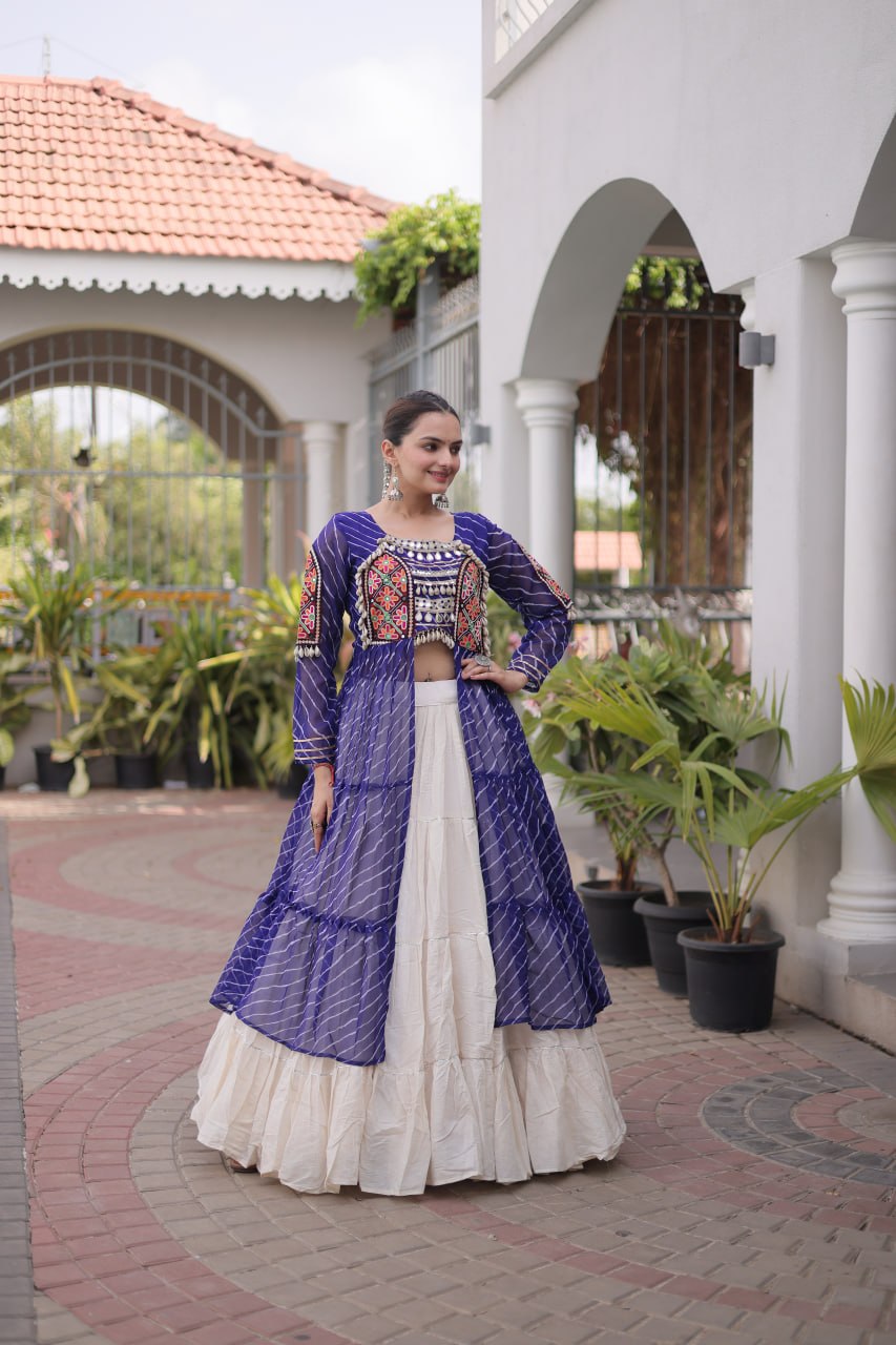RangBhoomi Kora Cotton Lehenga & Faux Georgette Kurti Set - Full-Stitched, Frilled Lehenga, Laheriya Print Kurti