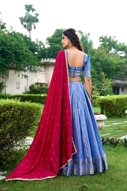 RangBhoomi Exclusive Kanchipuram Silk Lehenga Set with Zari Weaving and Embroidered Vichitra Silk Dupatta