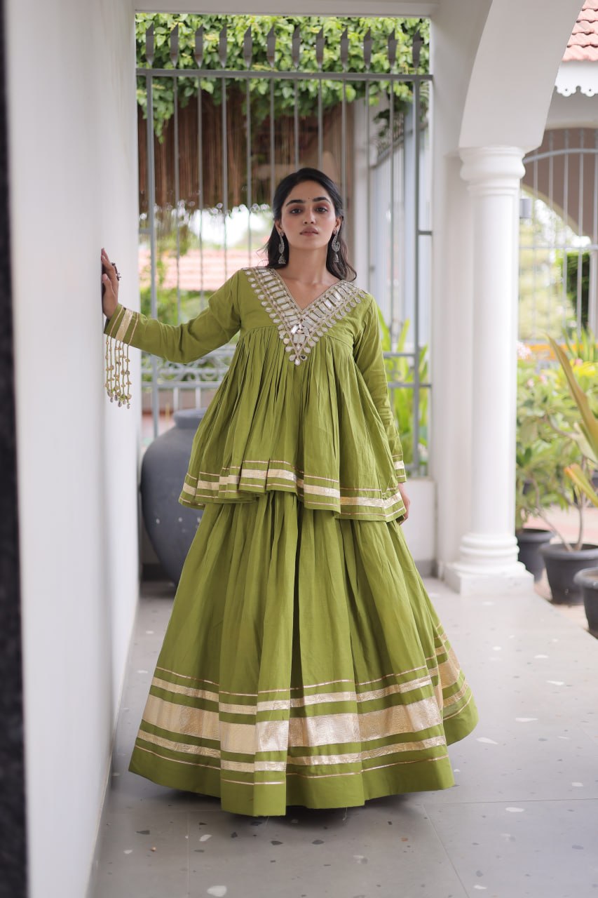 RangBhoomi Navratri Kora Cotton Full-Stitched Lehenga & Blouse Set with Mirror and Gota Work