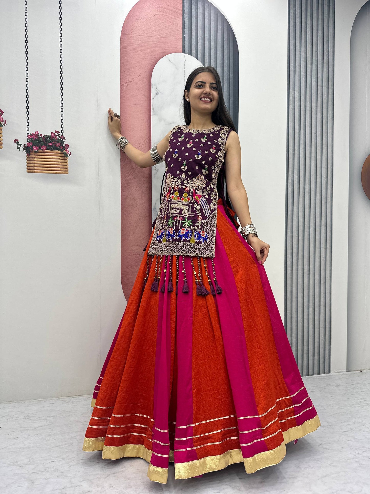 RangBhoomi Elegant Navratri Special Vichitra Silk Lengha Choli with Heavy Thread and Sequence Work Shrug