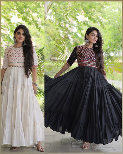RangBhoomi Navratri Embroidered Kora Cotton Gown — Off-White & Black, 56" Length
