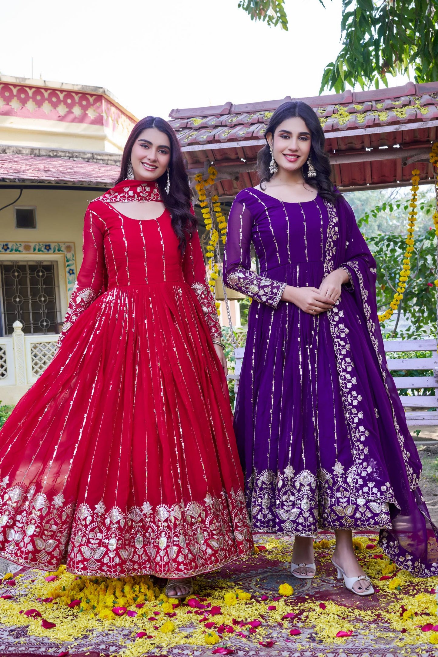 RangBhoomi New Festival Collection Long Gown with Dupatta – Elegant Fox Georgette Fabric with Heavy Sequence Embroidery