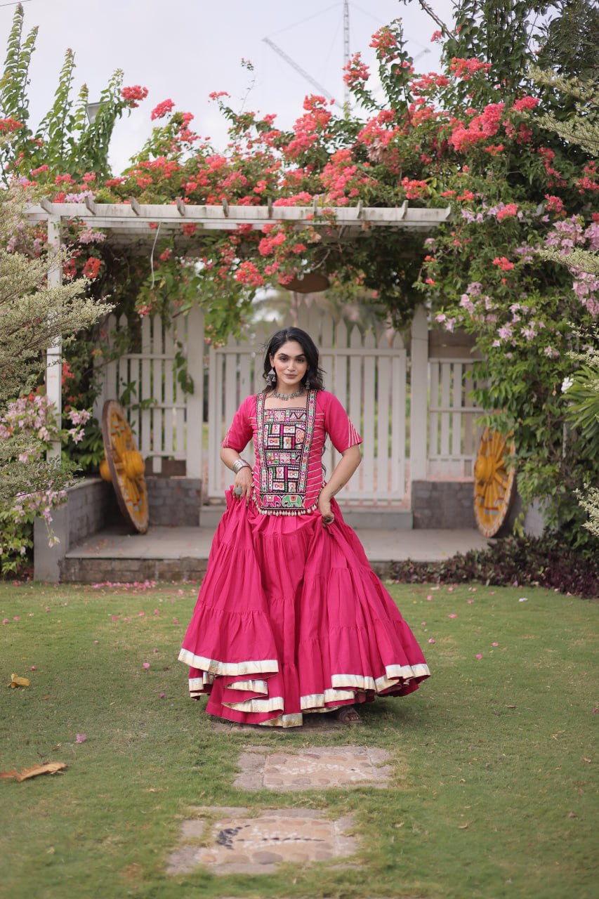 RangBhoomi Navratri 2026 Kora Cotton Full-Stitched Lehenga & Blouse Set — L (40", Adjustable 38–44)