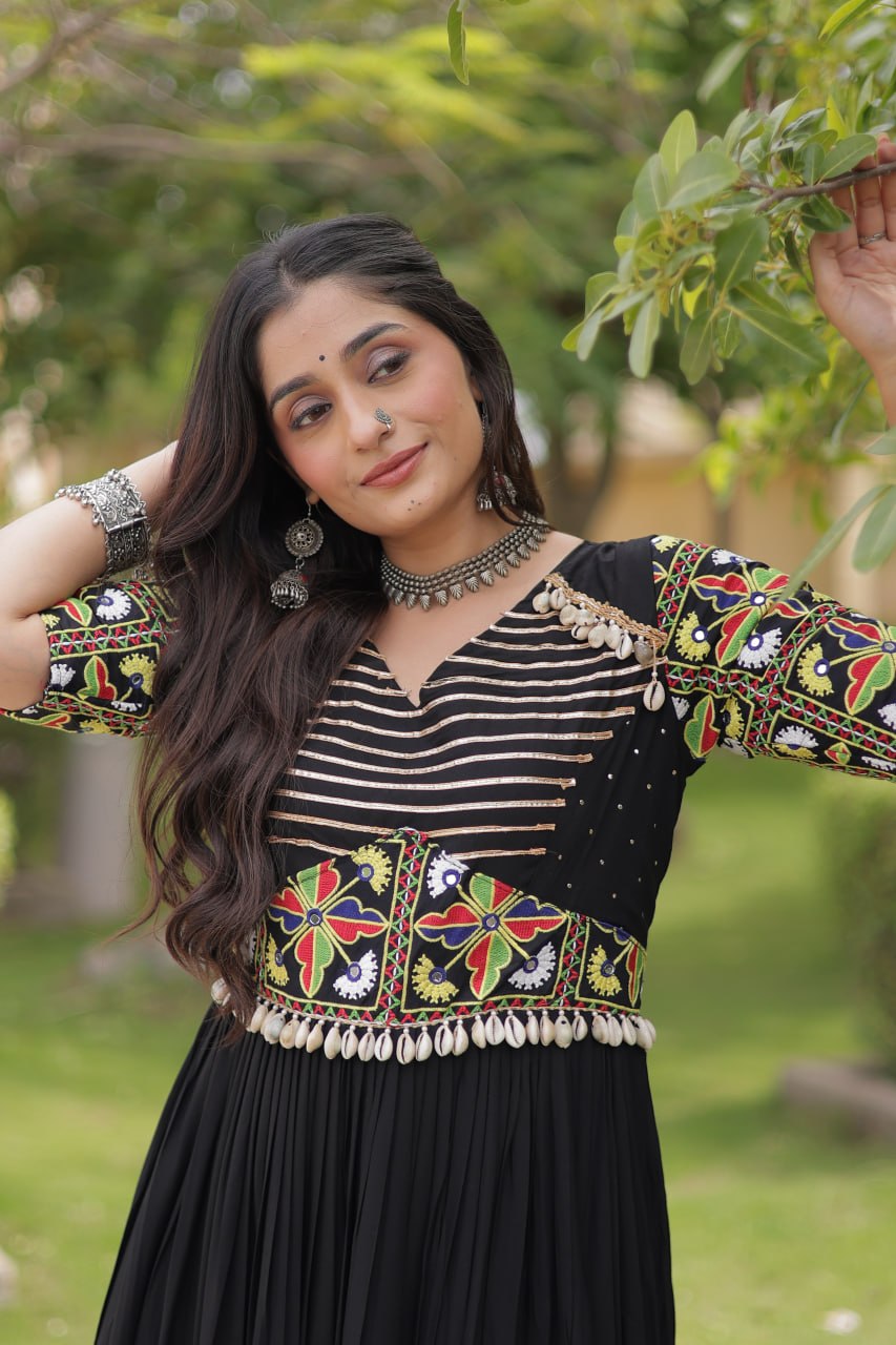 RangBhoomi Navratri Gown 2026 — Rust & Black Embroidered Multi-Tiered Festive Gown
