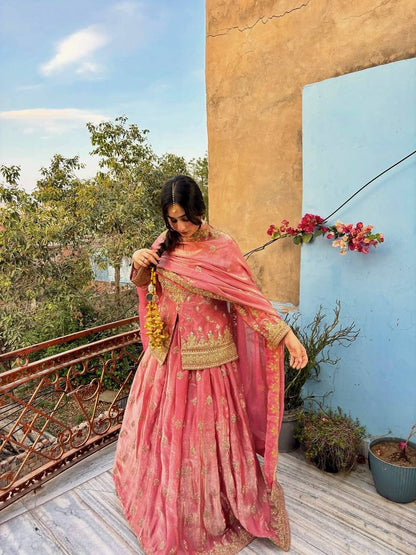RangBhoomi Designer Party Wear Ensemble – Elegant Two Tone Fandy Silk Lehenga Set