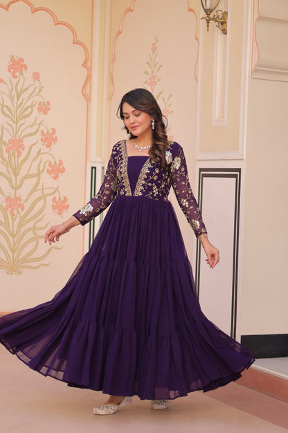 Twirling in purple gown with full flair