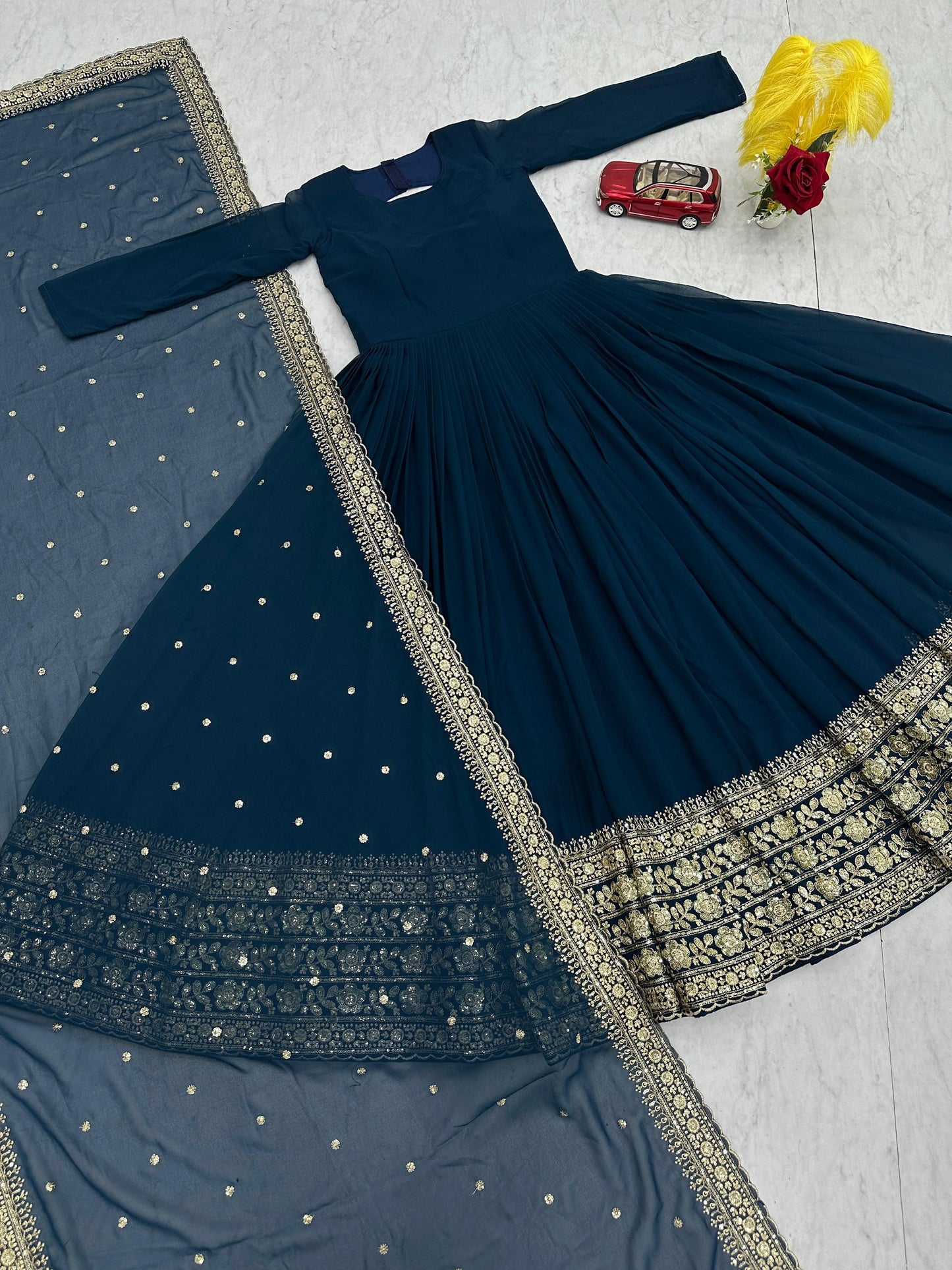 Elegant Embroidered Fox Georgette Gown with Matching Dupatta – Fully Stitched, Sophisticated Design