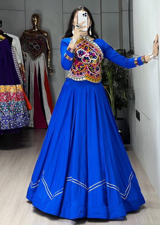 Ethnic Women's Cotton Lehenga Set – Royal Blue with Pure Handcrafted Mirror Work for Navratri 2026