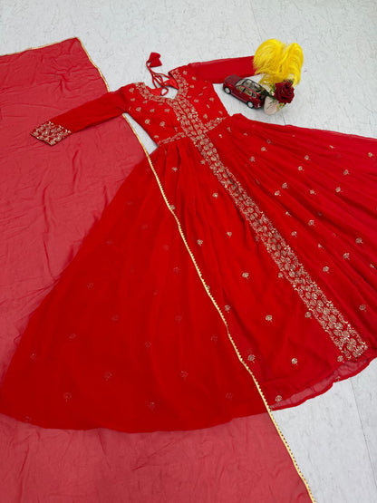 Exclusive Embroidered Fox Georgette Gown with Matching Dupatta