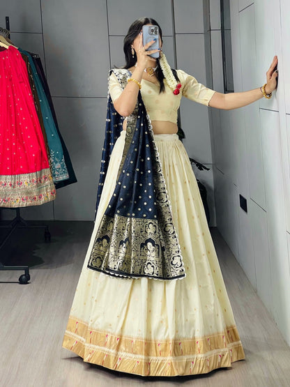 Exquisite Paithani Silk Lehenga Choli with Iconic Gold Zari Border and Satin Silk Dupatta