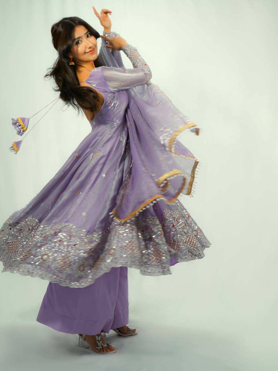 RangBhoomi Designer Party Wear Two-Tone Fandy Silk Embroidered Gown with Dupatta & Plazo
