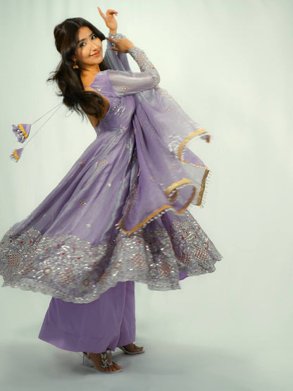 RangBhoomi Designer Party Wear Two-Tone Fandy Silk Embroidered Gown with Dupatta & Plazo