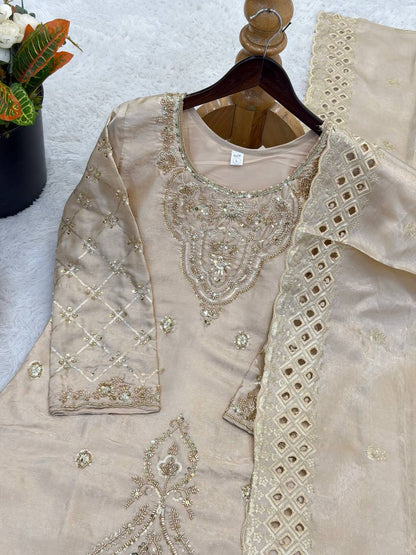 Elegant Designer Party Wear Top, Palazzos, and Dupatta Set with Intricate Heavy Embroidery and Beaded Detailing