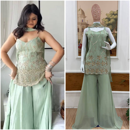 RangBhoomi Heavy Embroidered 3-Piece Suit Set with Fancy Lace (Faux Georgette)