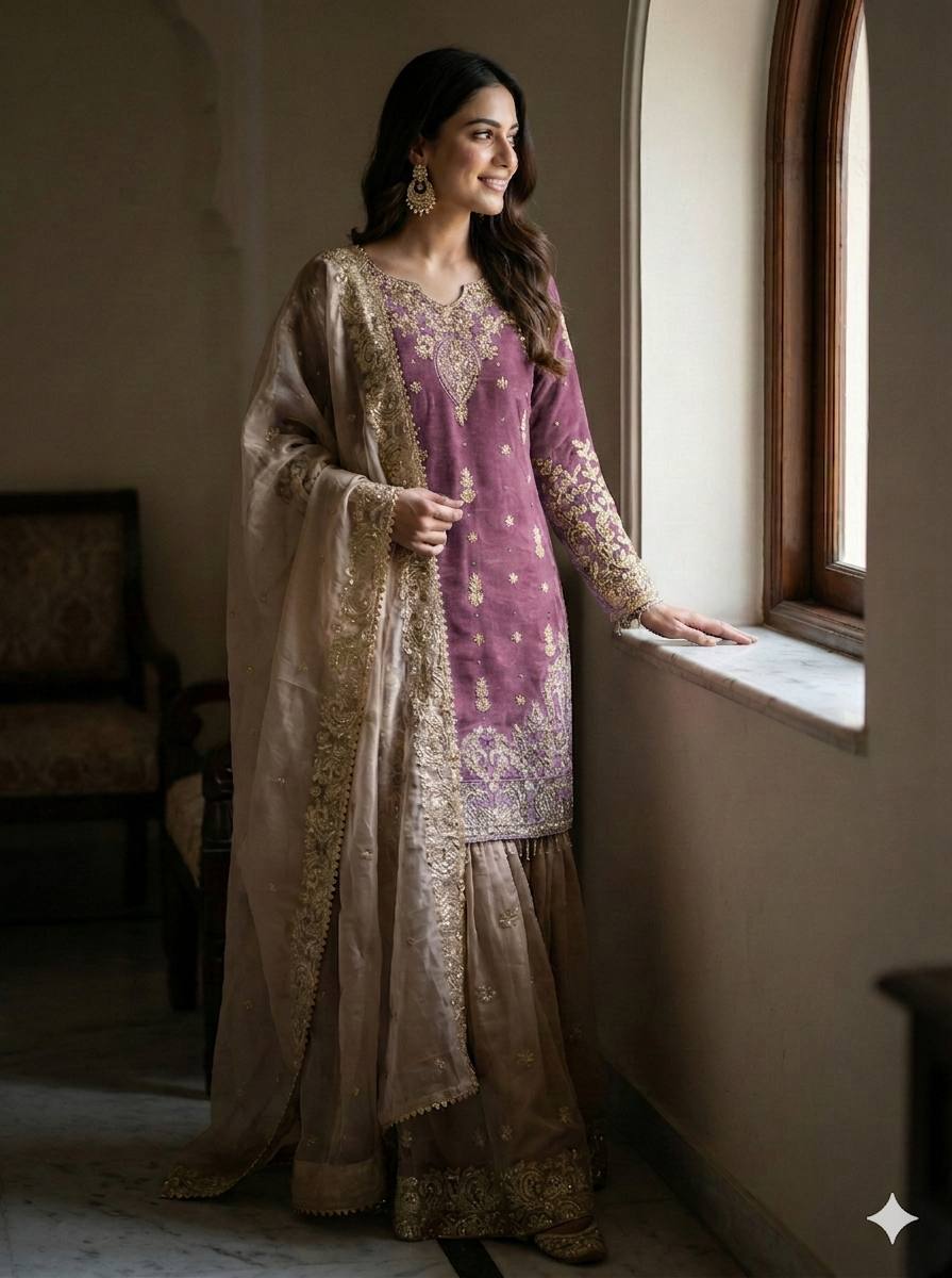 RangBhoomi Exclusive Designer Partywear Set – Pure Heavy GMY Silk with Elaborate Embroidery and Sequins