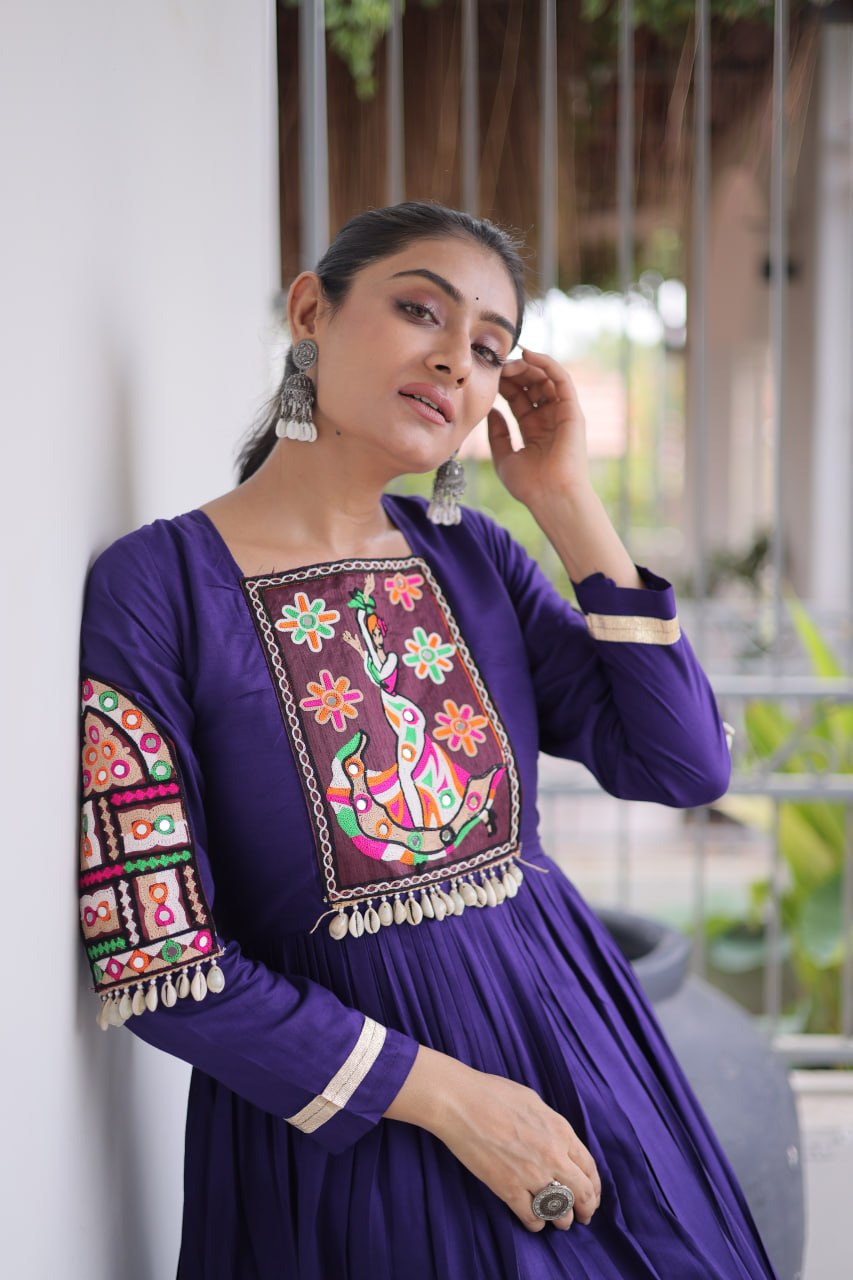 RangBhoomi Navratri Gown Collection 2026 — 14KG Rayon Kutchi Gamthi Thread Work, 12m Flair