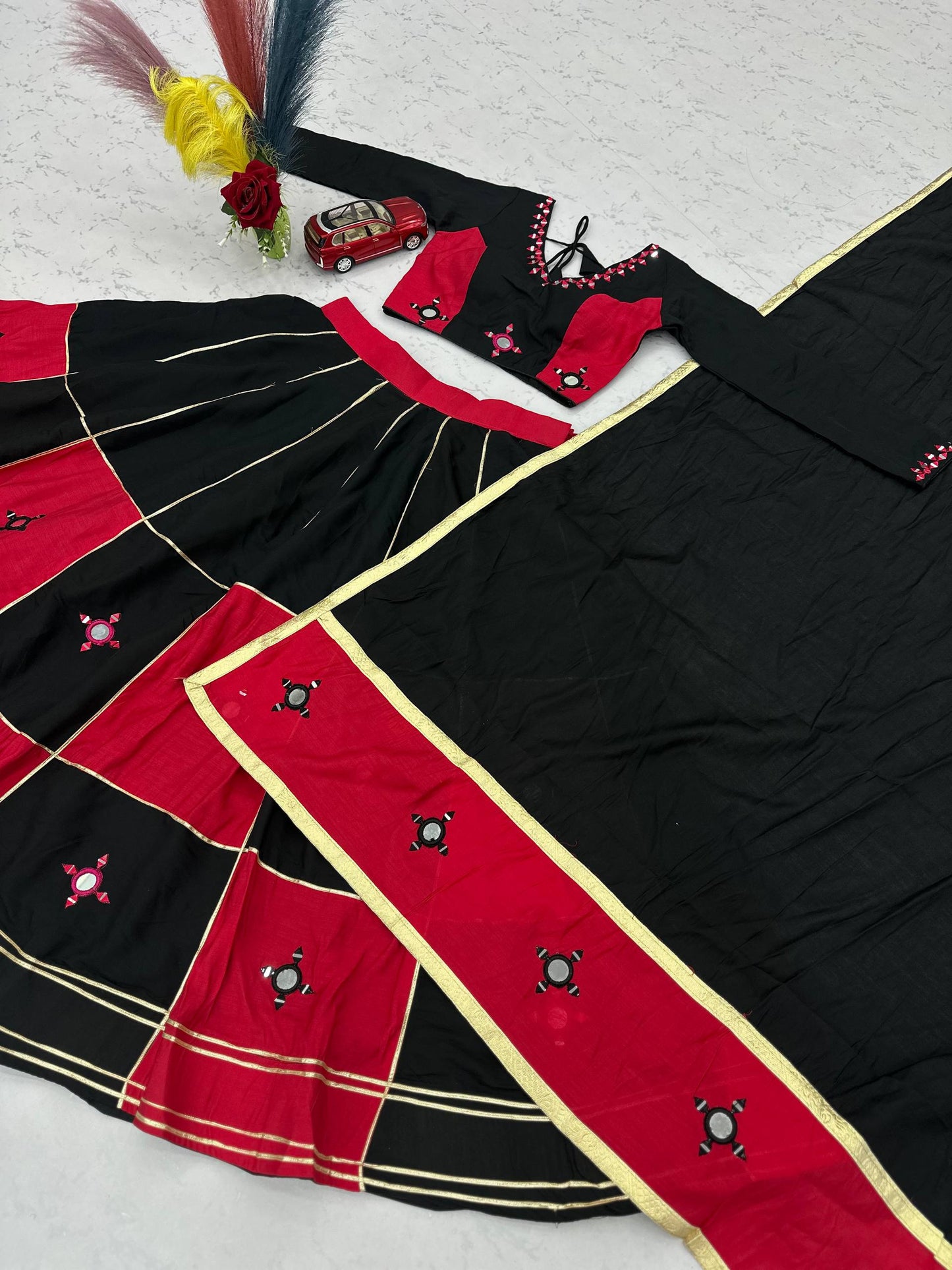 RangBhoomi Navratri Special Pure Cotton Lehenga Choli with Heavy Mirror & Gotapatti Work (Full-Stitched, 6m Flair)